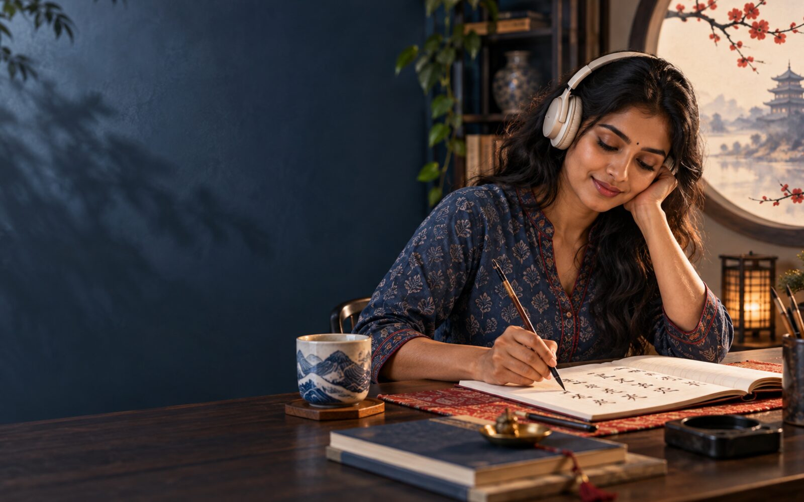 An adult learner practising Mandarin in a calm study space